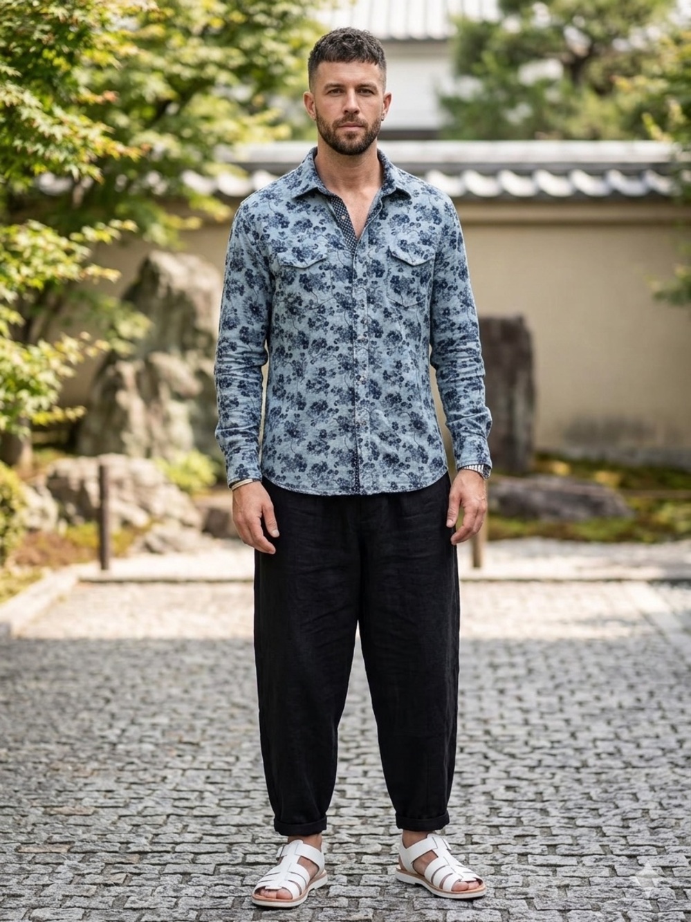 Floral Button-Up Shirt in Dusty Blue and Navy